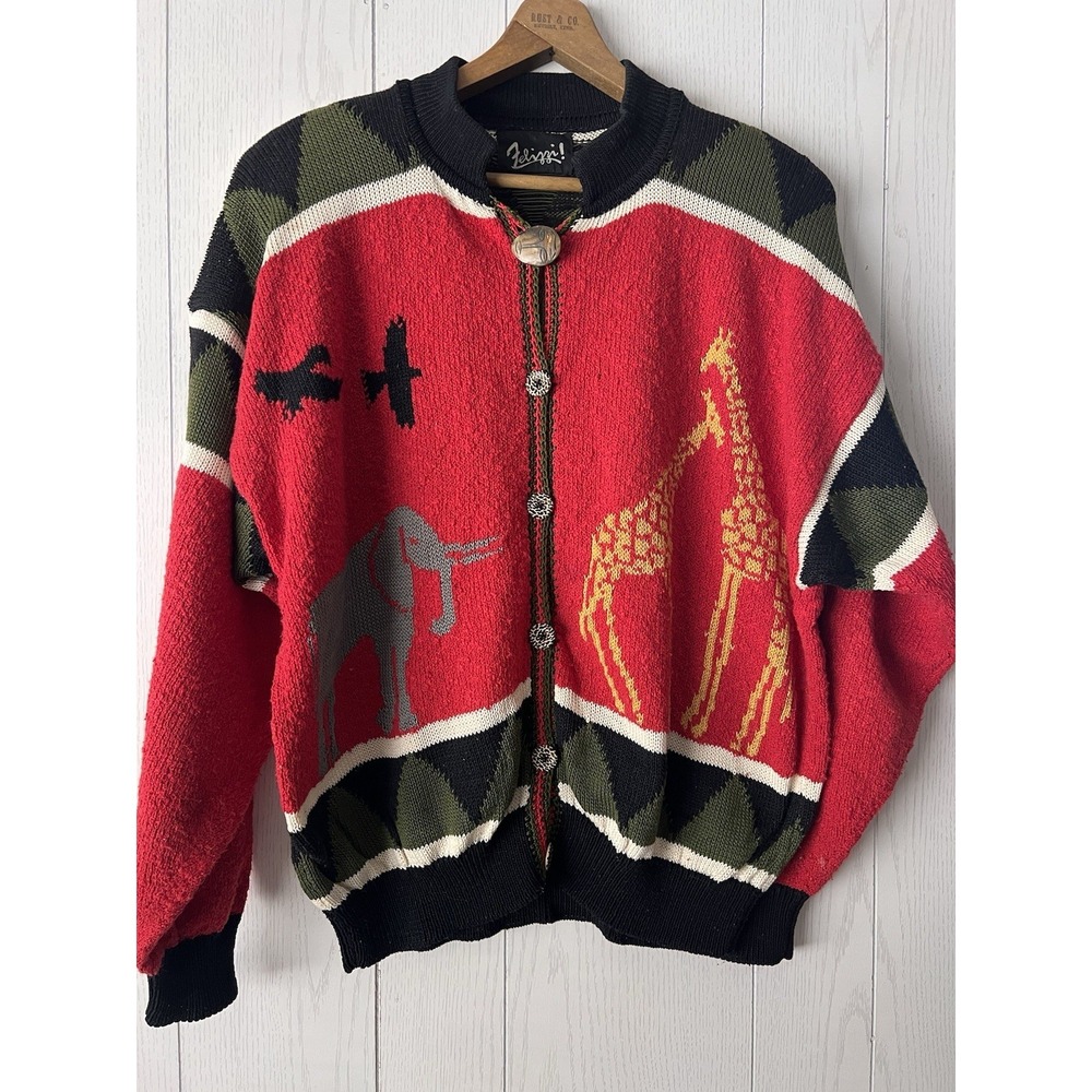 Vintage Felizzi 100% Cotton Hand Loomed Safari‎ Animal Sweater Cowichan Cardigan